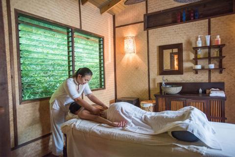 Professional Massage Therapy In Serene Spa Setting Massage therapist providing back massage in serene spa setting with green view.