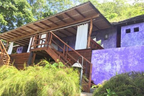 Rustic purple wooden house with green landscaping and wooden staircases