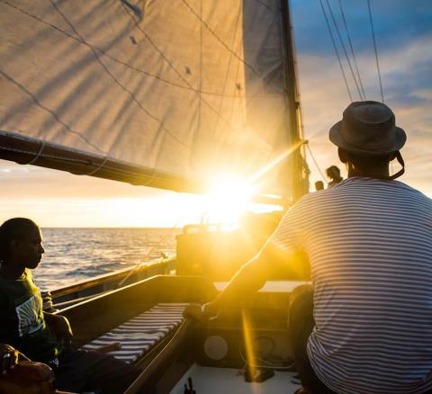 Two people sailing at sunset, one steering, warm glow on horizon