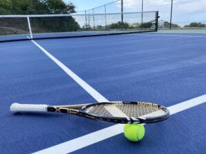 Tennis racket and ball on a blue court with net and foliage background