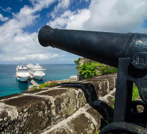 Old cannon atop fort overlooking tropical port with cruise ships and clear skies