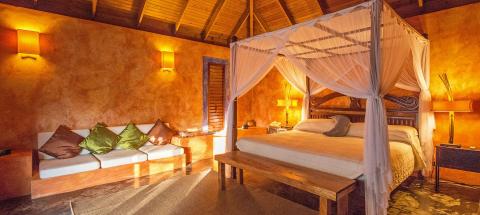 Cozy rustic bedroom with canopy bed, wooden accents, and warm lighting.