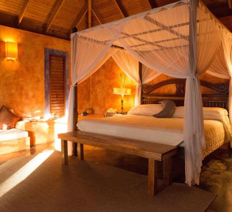 Cozy bedroom with dark wood bed frame, white canopy, orange walls, and rustic charm