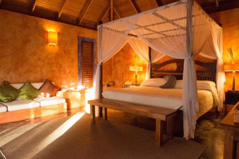 Cozy rustic bedroom with wooden bed, sheer canopy, and warm earthy tones