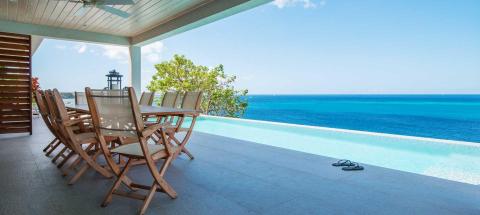 Outdoor patio with dining setup by infinity pool overlooking the ocean