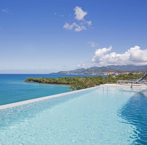 Infinity pool merging with ocean against lush hills and clear sky