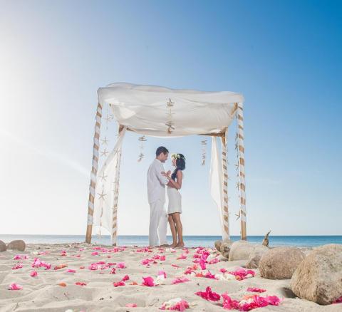 Beach wedding with couple under decorated canopy, sea backdrop