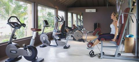 Indoor gym with cardio machines, weights, and scenic view through large windows.