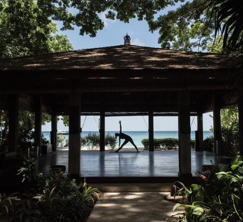 Person practicing yoga in a serene pavilion by the ocean surrounded by greenery
