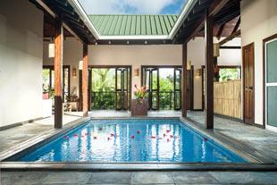 Indoor swimming pool in a luxurious modern house with tropical design elements.