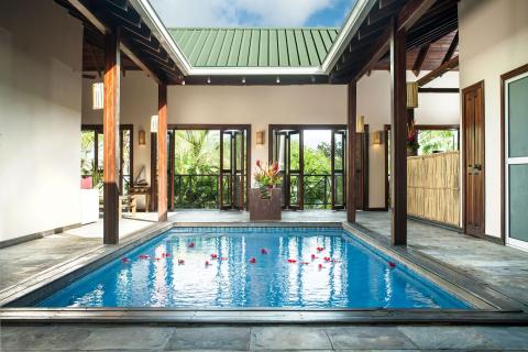 Luxurious indoor-outdoor pool with red flowers and natural stone tiles in a high-end residence.