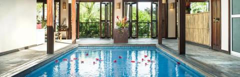 Luxurious indoor-outdoor pool area with red flowers and sleek wooden deck