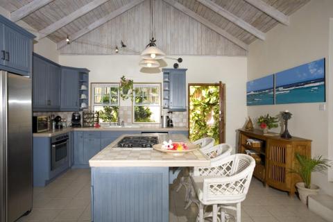 Coastal kitchen with blue cabinets, modern appliances, and beach-themed decor.