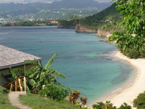 Scenic coastal view with a clear blue bay, sandy beach, and lush greenery overlooking the sea.