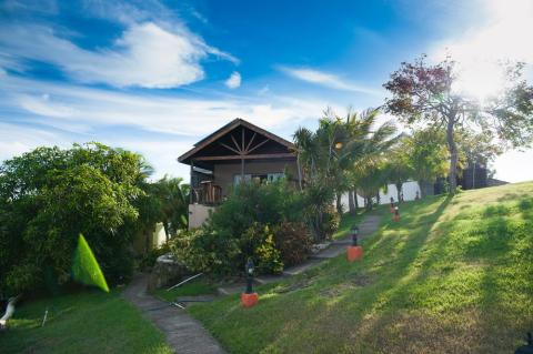 Tropical house with wooden roof and lush greenery under a blue sky