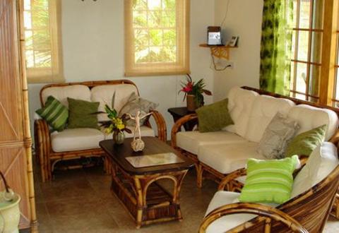 Cozy living room with natural light, wicker sofas, wooden table, and tropical decor