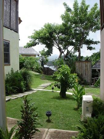 Residential garden pathway with lush tree, lamp post, and hills in the background.