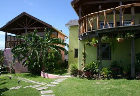 Lush garden with pathway, two buildings, and a banana tree in a tropical setting