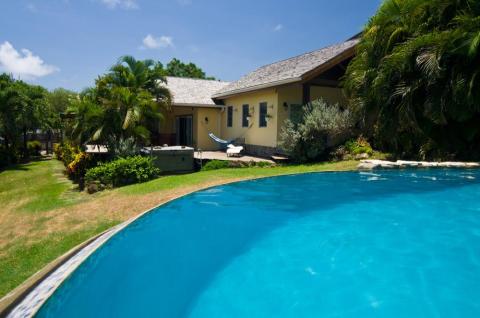 Inviting backyard with pool, hammock, and hot tub in a sunny tropical location