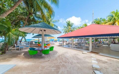 Tropical beachside dining with umbrella-covered seating and palm trees