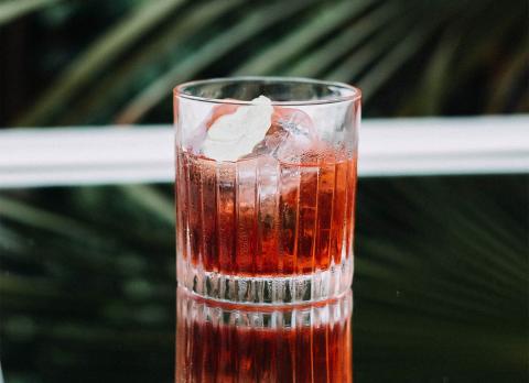 Red cocktail with green leaf garnish in glass against tropical leaves background.