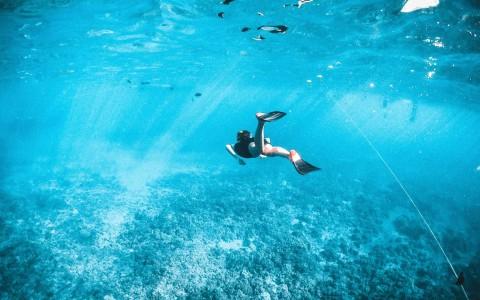 Snorkeler diving in crystal-clear water with sunbeams, showcasing underwater exploration.