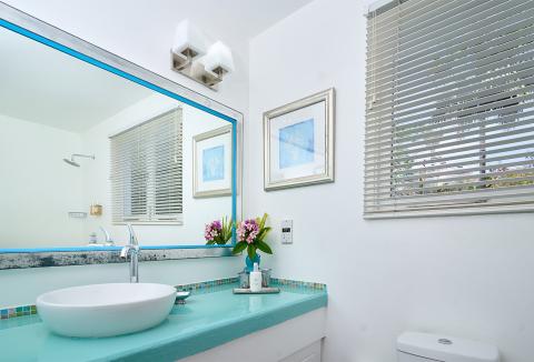 Bathroom with teal-blue mirror, white vessel sink, pink flowers, and bright tiles.