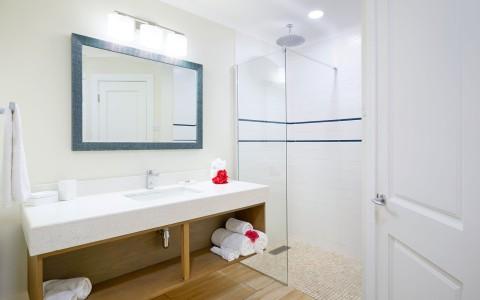 Modern bathroom with large mirror, wooden vanity, and walk-in shower