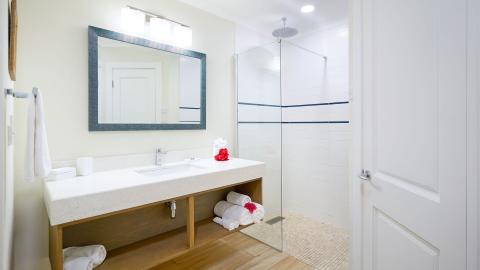 Modern bathroom with blue accents, wooden features, and glass shower stall.