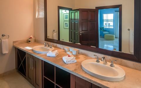 Luxurious bathroom with dual sinks, large mirror, and modern decor in upscale suite.