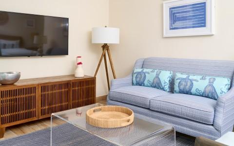 Stylish modern living room with grey sofa, glass coffee table, and flat-screen TV.