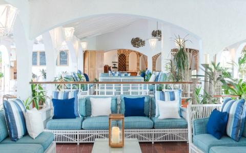 Coastal-inspired lounge with blue and white decor, plush seating, and palm plants.