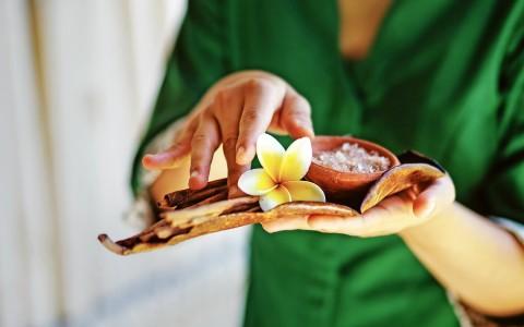 Person holding natural spa ingredients with salt, cinnamon, and plumeria in serene setting.