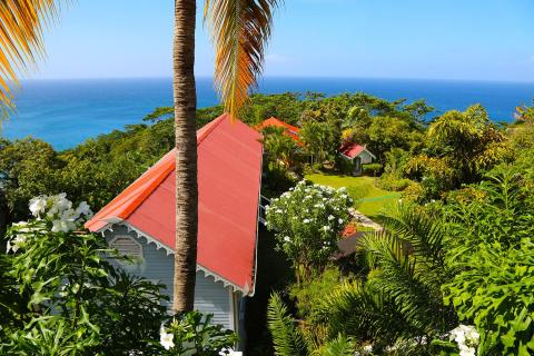 Tropical estate with red-roofed building, palm trees, and ocean view.