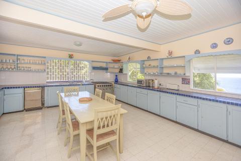 Coastal style kitchen with light blue cabinets, island, and ocean view