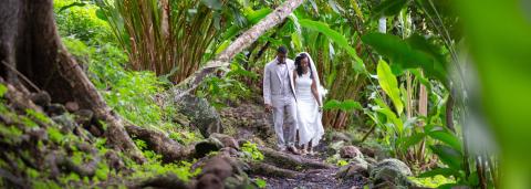 Bride and groom walking in tropical forest on wedding day