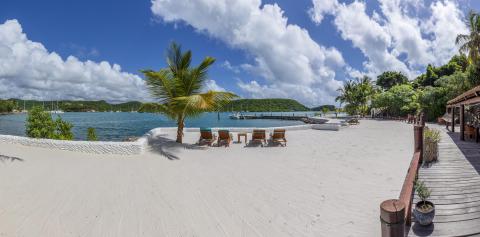 Serene beach view with palm tree, lounge chairs, boats, and hill under blue sky