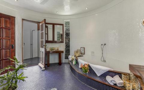 Spacious, elegant bathroom with white tiles, wooden accents, and blue mosaic floor.