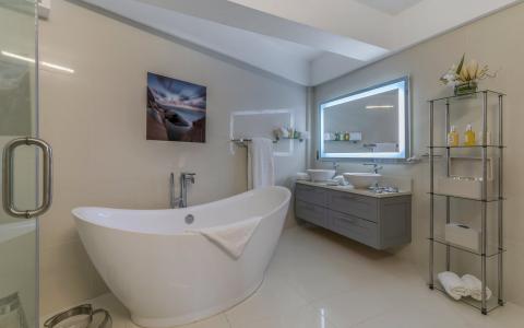 Luxurious bathroom with standalone tub, dual sinks, and glass shower