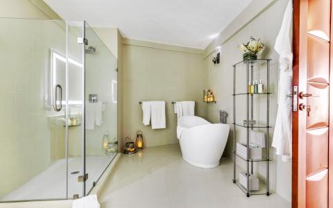 Modern bathroom with walk-in shower, freestanding tub, and elegant decor.