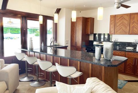 Modern kitchen with granite island, dark wood cabinets, and scenic view.