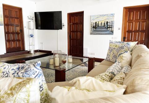 Stylish living room with TV, unique lamp, sofas, and sunset painting.