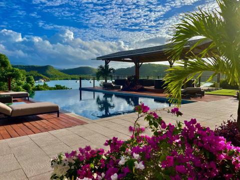 Luxury infinity pool with scenic lake view, deck loungers, and vibrant flowers
