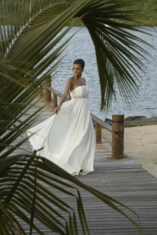 Bride in white dress on dock with palm fronds and lake backdrop