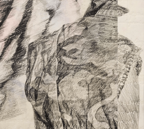 This image depicts a graphite drawing of a wolf, with an overlaid script of handwritten text across the entire surface