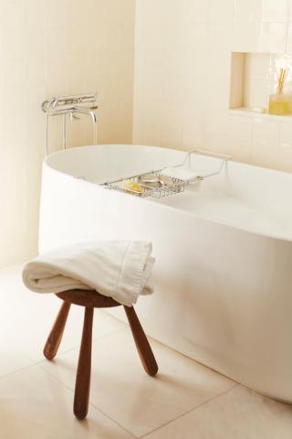 The image features a modern bathroom setup showing a freestanding white bathtub with a chrome faucet and a shower attachment