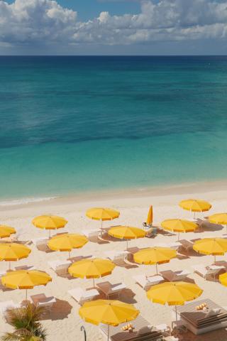 This image shows a vibrant beach scene with crystal clear turquoise ocean waters and a beautiful sandy beach