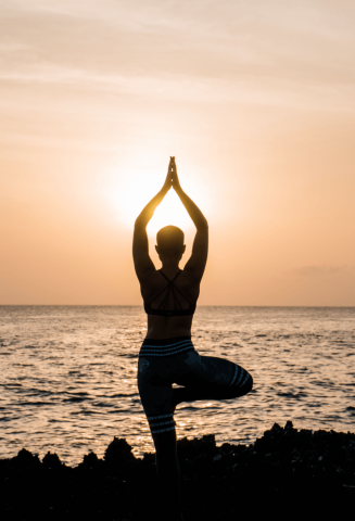 This image features a silhouette of a person practicing yoga on a rocky shore during sunset