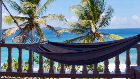 Tranquil beach view with hammock on porch, palm trees, and distant island.