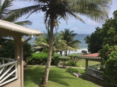 Scenic tropical beach view from a resort with palm trees and gazebo, perfect for relaxation